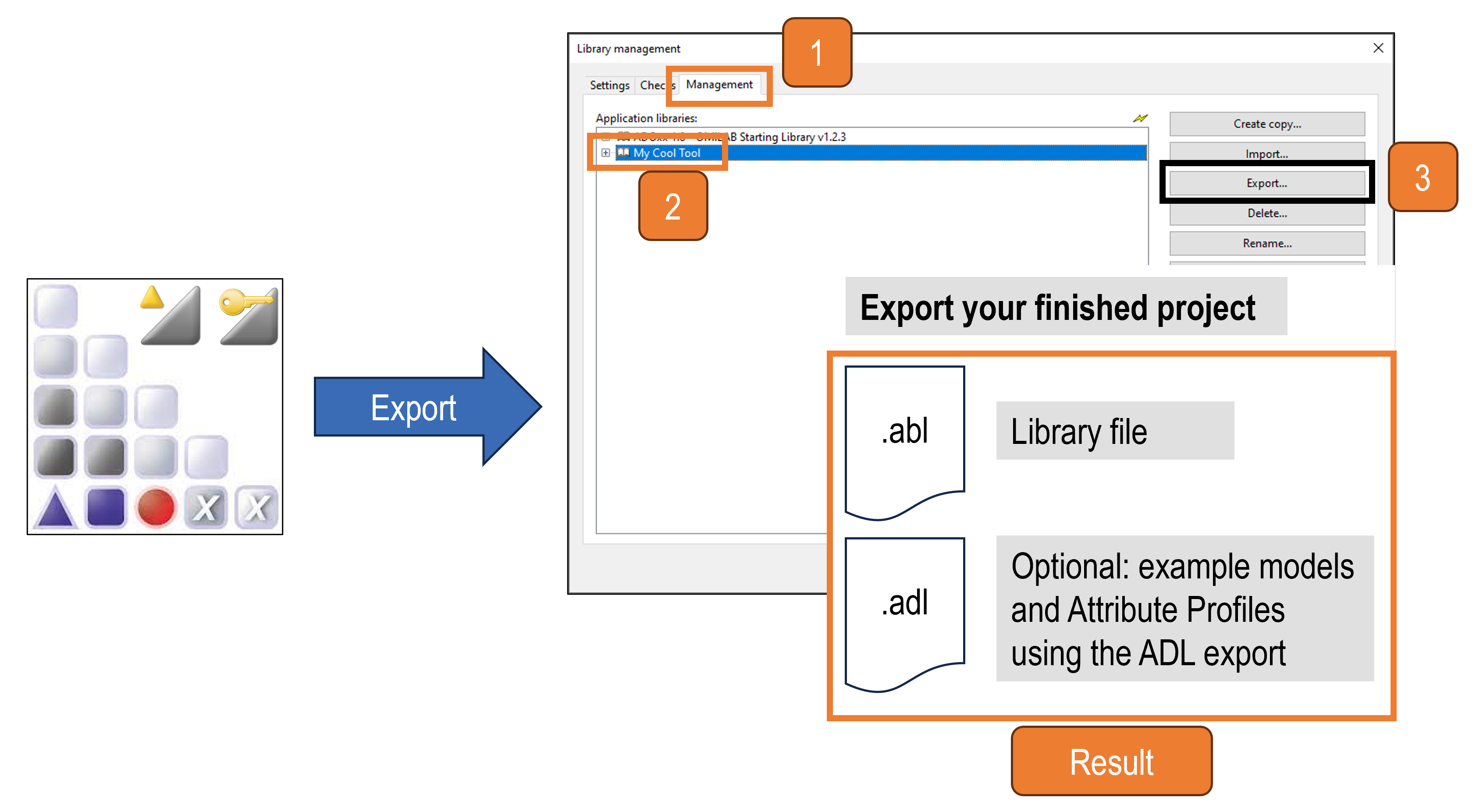 Graphic visualizing the export of the abl file and the optional adl file