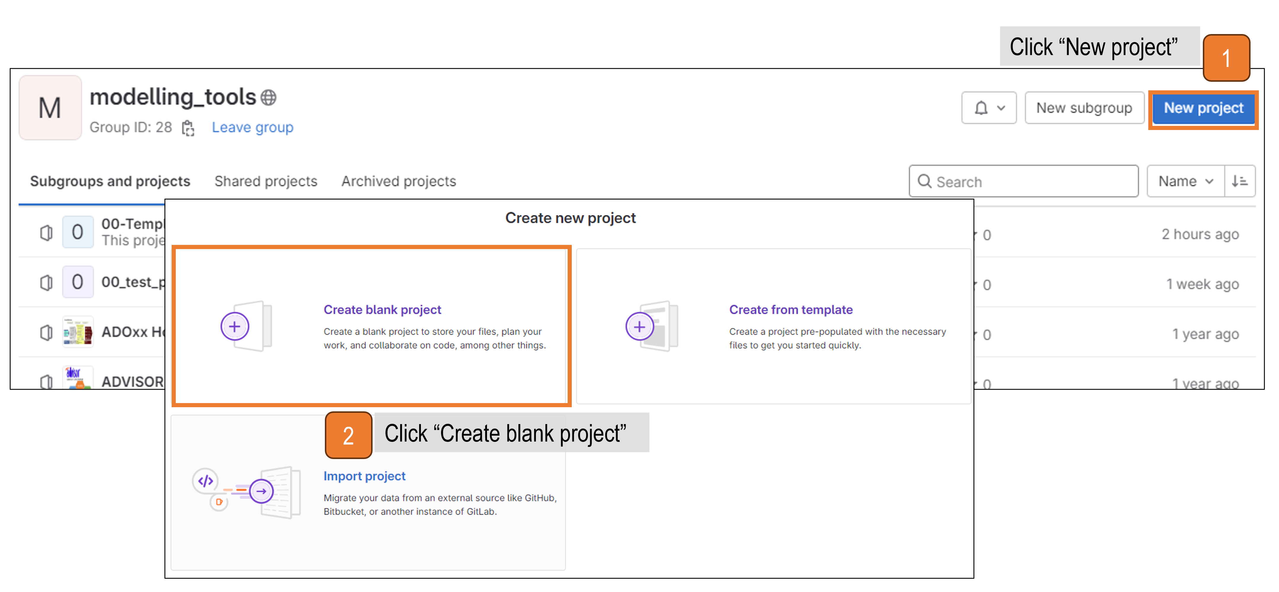 Graphical visualisation on how to create a blank GitLab project in the modelling_tools group