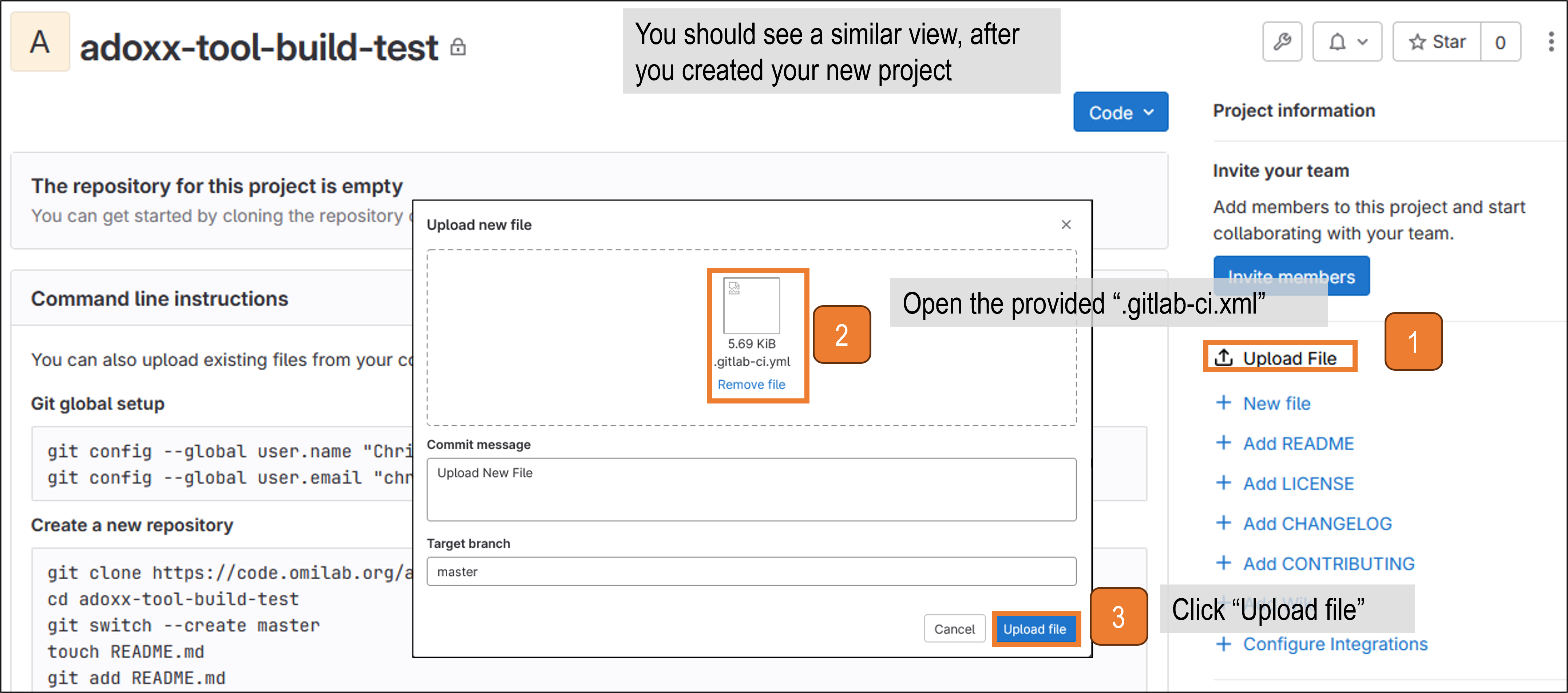 Graphical visualisation of uploading the .gitlab-ci.yml file