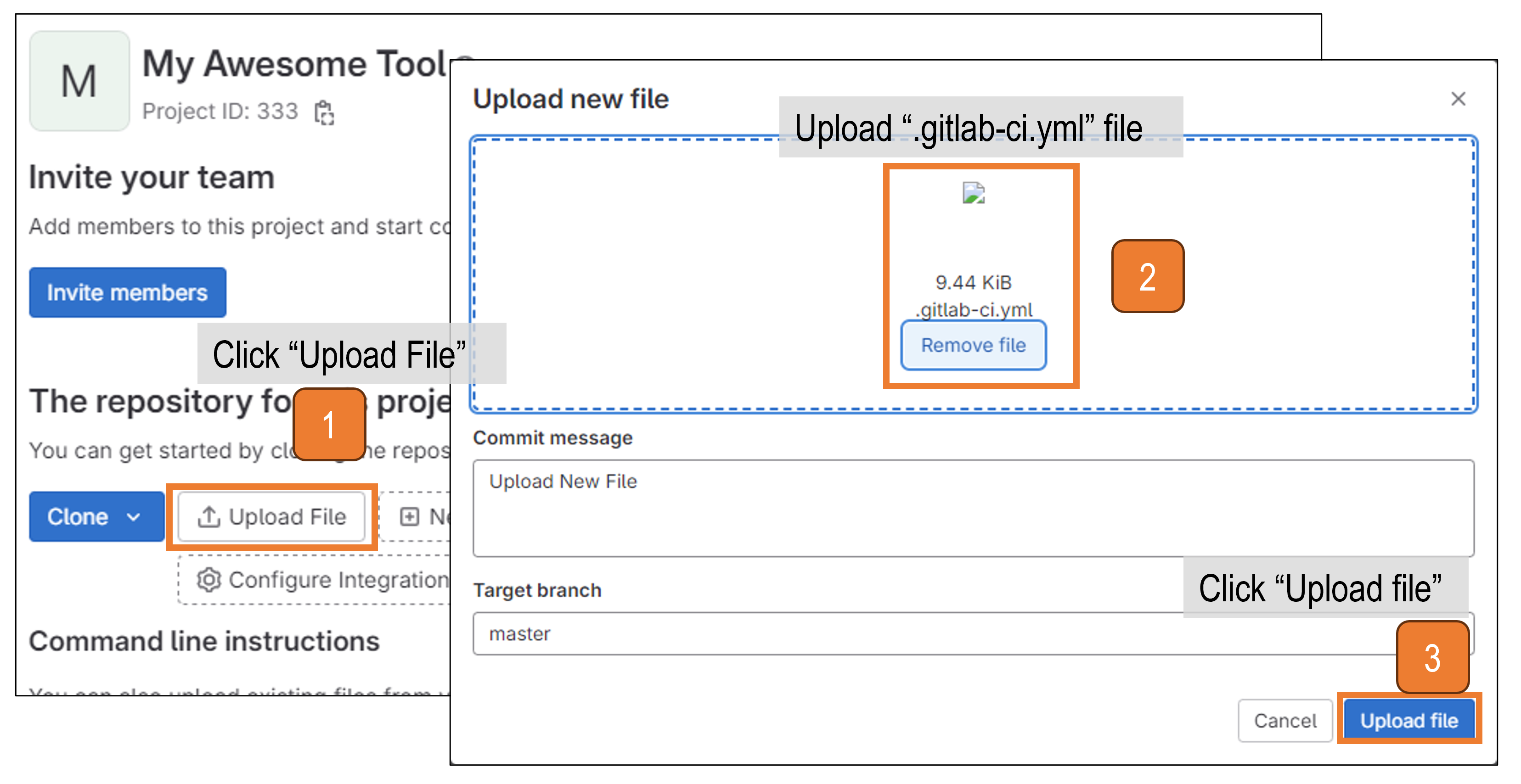 Graphical visualisation of uploading the .gitlab-ci.yml file