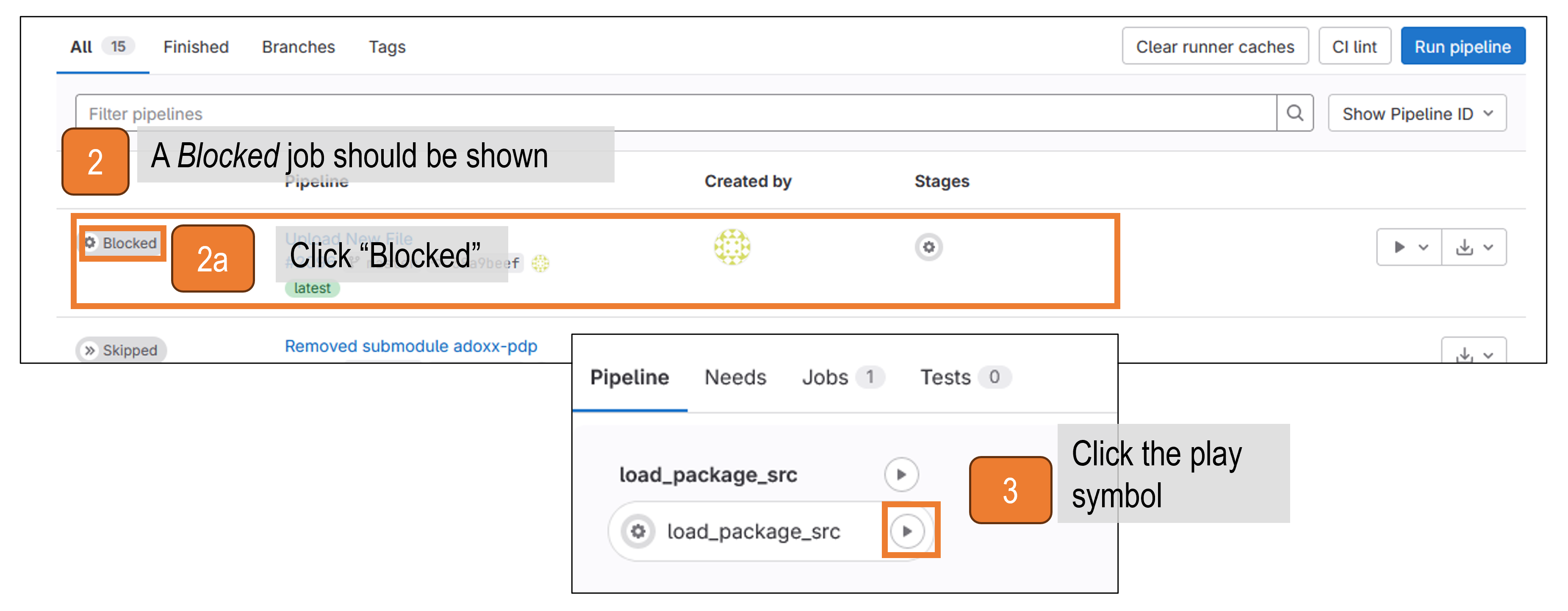 Graphic of the GitLab interface for starting the job to loading the project structure