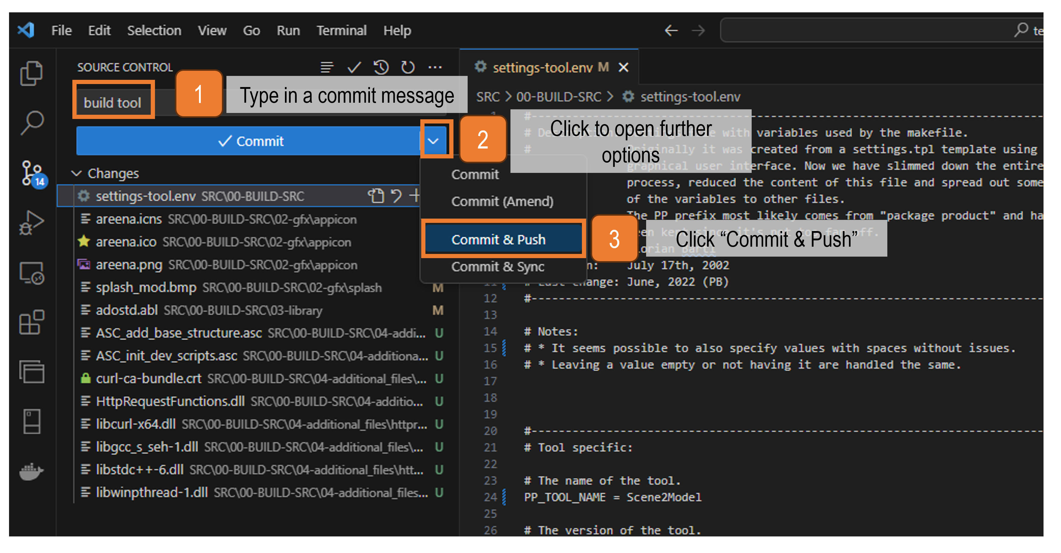 Graphic visualisation of the steps to commit and push the project, to trigger the packaging of the tool