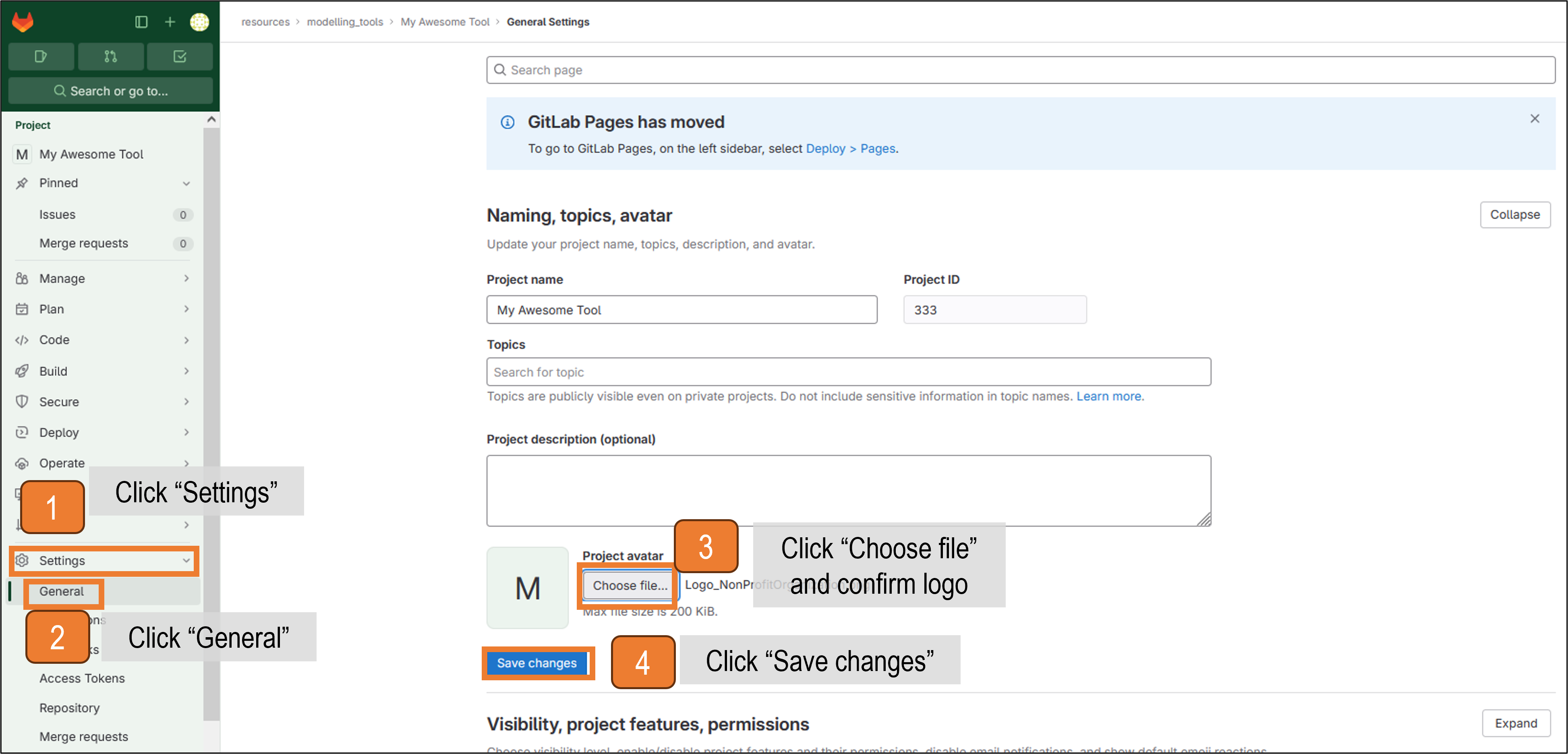 Graphical visualisation of the steps to upload a logo to the GitLab project