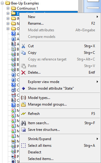 Context menu for an item of the Explorer in the Modelling Toolkit