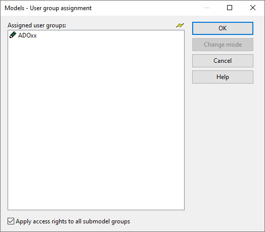 User group assignment window with write access assigned to the ADOxx user group