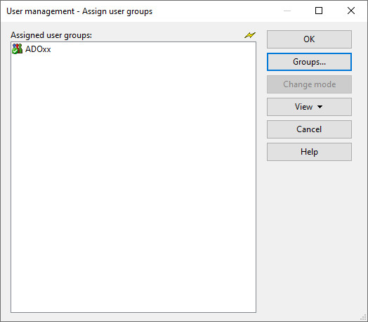 User group assignment window with the user being assigned to the "ADOxx" user group