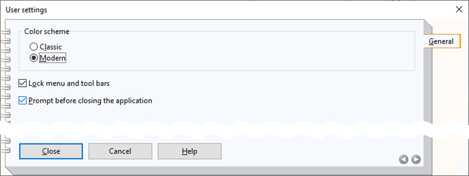 Notebook with user settings from the Development Toolkit, allowing to change the color scheme, to lock menu and tool bars and to prompt before closing the application