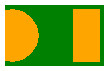 A green rectangle with part of an orange circle on its left side and an orange rectangle on its right side