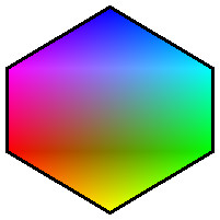 A hexagon with six different colors in each corner and a gradient between them