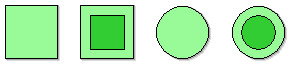 Two green rectangles and two circles where each of them has a variant with a smaller version of their shape inside of them