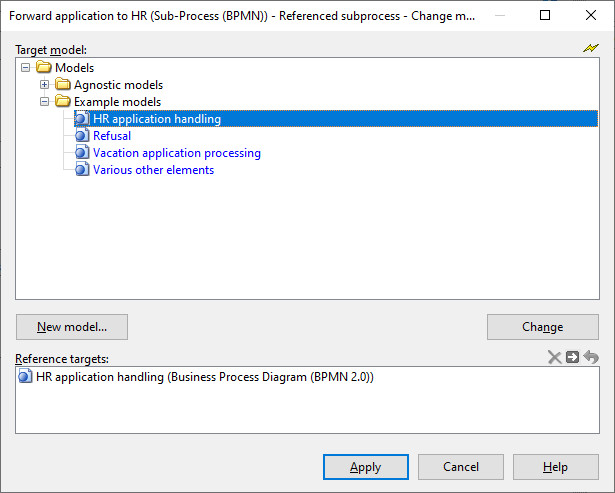 Example dialog for editing references to a model