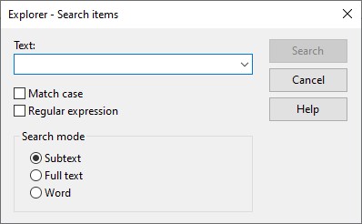 Pop-up window with a Text field and various options for the search