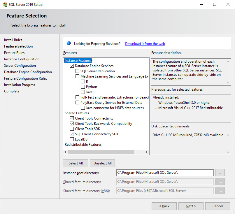 SQL Server feature selection