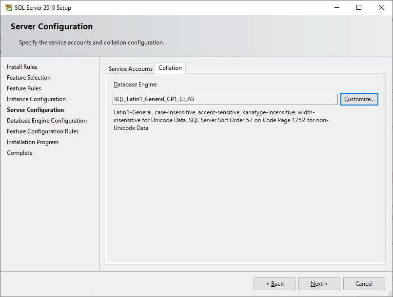 SQL Server server configuration collation