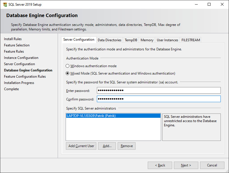 SQL Server database engine configuration