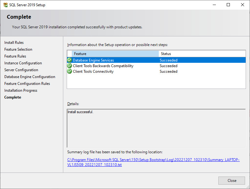 SQL Server installation finished