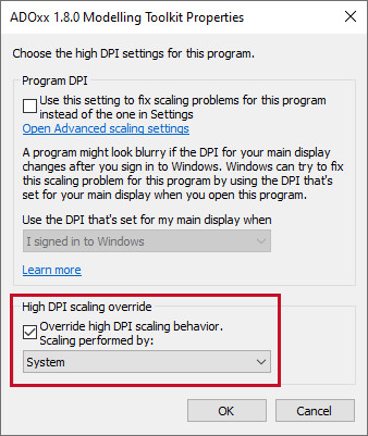 Modelling Toolkit shortcut properties, changing high DPI settings