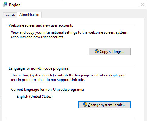 Windows setting of language for non-Unicode programs